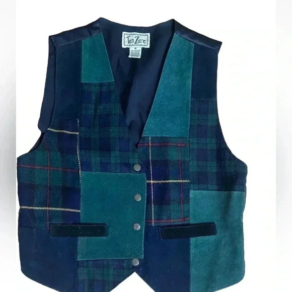 Vintage 90s Patchwork Tartan Plaid Suede Leather Dark Academia Vest M - Picture 5 of 5